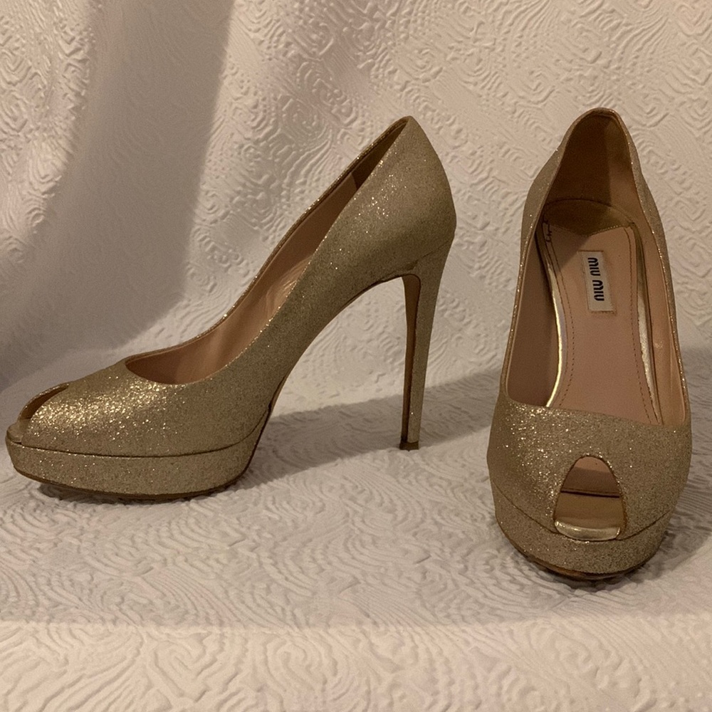 Miu Miu Peep Toe Platform Glitter Champagne Heels Size 40 US 10